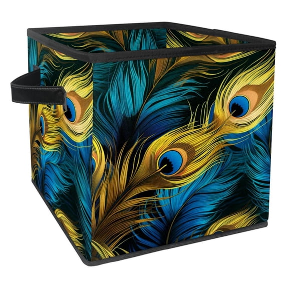 Peacock Feathers Foldable Clothes Storage Toy Box Storage Basket with Handle 10.8"x10.5"x10.6" Large Capacity
