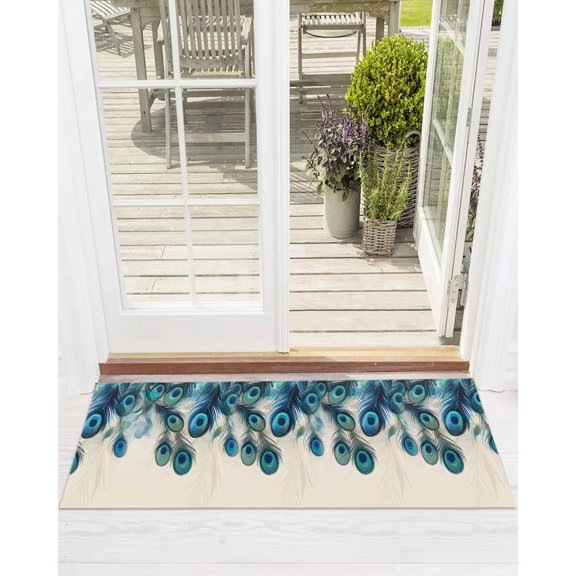 Peacock Feathers Front Door Mat Retro Green Abstract Art Welcome Doormat Indoor Outdoor Entrance Floor Mat Non-Slip Washable Runner Rug for Front Porch Decor 16x47 Inch