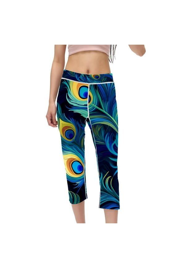Peacock Feathers High Waist Capris Not See-Through Printed Compression Leggings for Women, Gym Leggings, Yoga Leggings, Women's Leggings - Suitable for Running, Fitness, Yoga