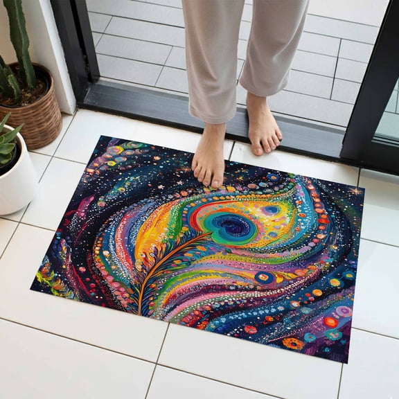Peacock Feathers Indoor Door Mat 16x24 Inch Blue Ombre Colorful Feather Front Door Mat Non Slip Washable Entryway Rug Low Profile Dirt Trapper Doormat for Bathroom Kitchen Bedroom