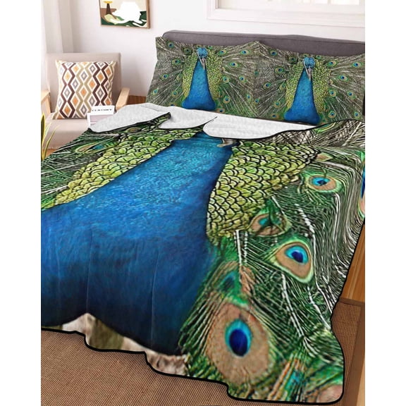 Peacock Feathers King Size Down Alternative Comforter, Lightweight Comforter Quilt Bedding Set with Pillow Shams Contemporary Aesthetic Art All Seasons Bed Comforter Duvet Insert 96"x106"