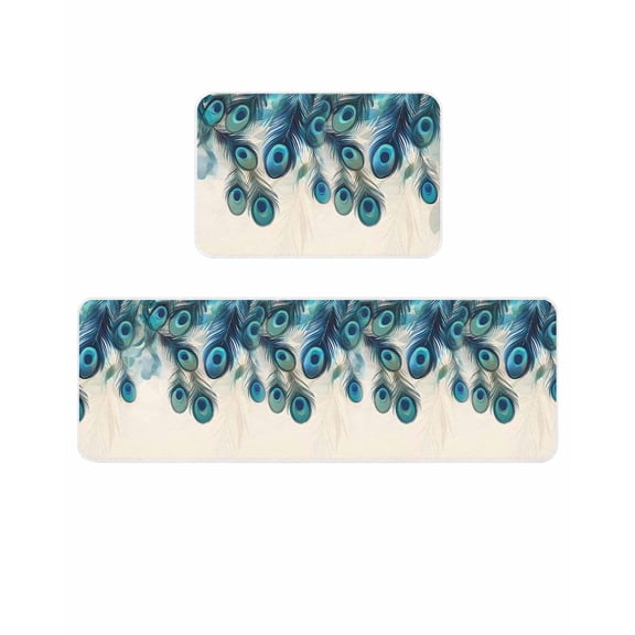 Peacock Feathers Kitchen Mats for Floor 2 Piece, Retro Green Abstract Art Absorbent Non-Slip Kitchen Rugs Comfort Standing Mat for Laundry, Hallways 15.7"x23.6"+15.7"x47.2"