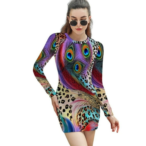 Peacock Feathers Leopard Print Swirl Art Women's Long Sleeve Bodycon Dress Soft Stretchy For Everyday Wear And Special Occasions