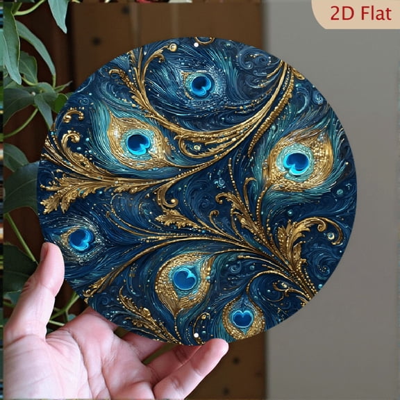 "Peacock Feathers" Opulent Gold & Teal Wall Art Decor, 8" Round Aluminum Wall Art Sign, Metal Signs, Wall Decor For Kitchen, Door, Office, Bedroom Decor, Best Gifts For Room, Home, Bathroom Decor