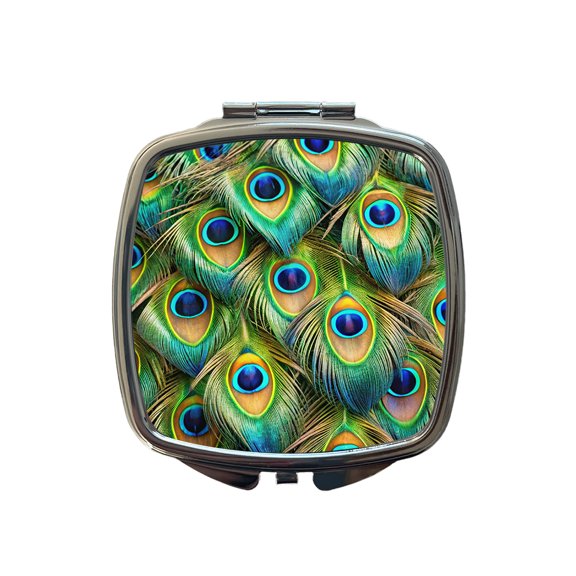 Peacock Feathers Pattern Travel Makeup Handbag Purse Small Pocket Compact Mirror