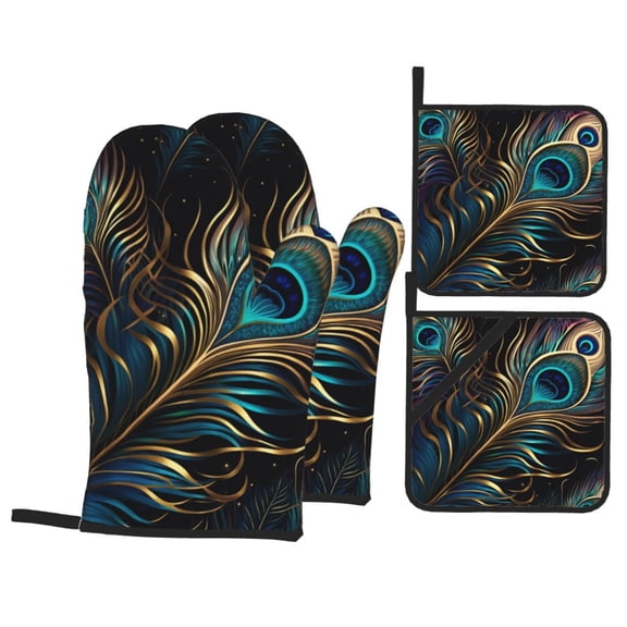 Peacock Feathers Peafowl 4Pcs Oven Mitts and Pot Holders Sets Oven Kitchen Gloves Hot Pads for Cooking BBQ Baking Grilling