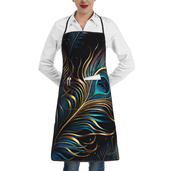 Peacock Feathers Peafowl Apron with Pocket Cooking Waterproof Bib Aprons for Kitchen Baking Chef Gardening BBQ