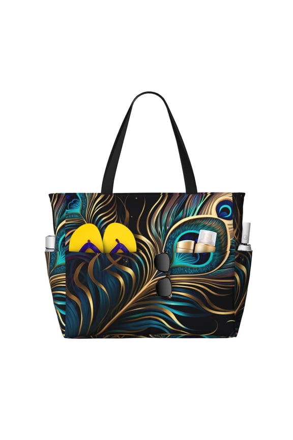 Peacock Feathers Peafowl Large Capacity Beach Travel Tote Bag Shoulder Handbag for Gym Camping Shopping