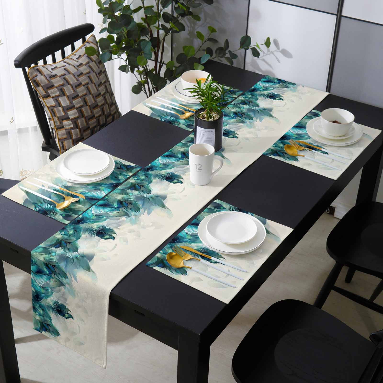 Peacock Feathers Placemats Set of 4 with 70 Inches Long Table Runners ...
