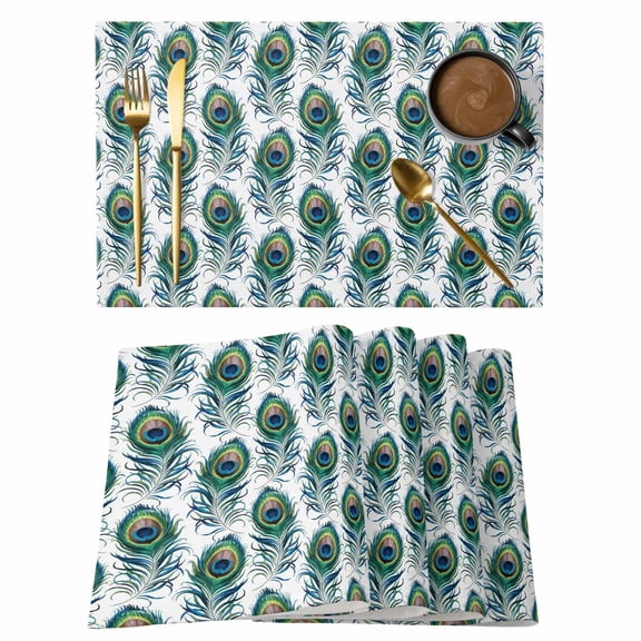 Peacock Feathers Placemats Set of 4 Modern Watercolor Peacock Place Mats Indoor Wipeable Table Mats Washable Cloth Dining Table Placemats for Kitchen Holiday Party Home Decor 13x19 Inch