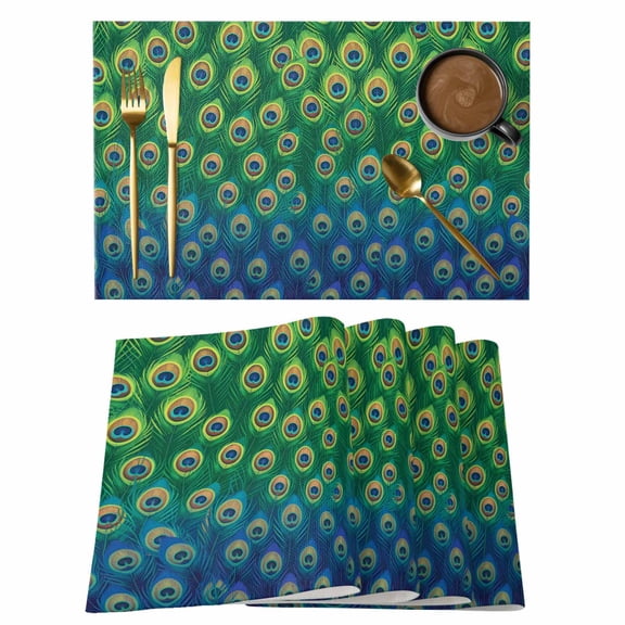 Peacock Feathers Placemats Set of 4 Ombre Blue Green Modern Animals Printed Place Mats Indoor Wipeable Table Mats Washable Cloth Dining Table Placemats for Kitchen Holiday Party Home Decor 13x19 Inch