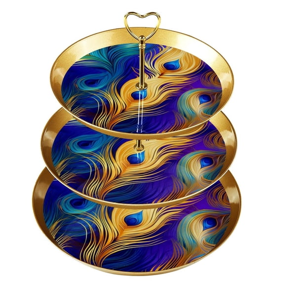 Peacock Feathers Plastic Discs Iron Pillar Dessert Table Stand with 21cm, 24cm, 27cm Plates - 32cm Height Stand