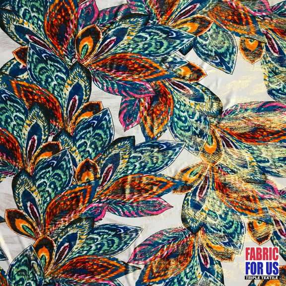 Peacock Feathers Red & Green With Micro Brush Tones Stretch Poly-Spandex Print Fabric 58" Wide