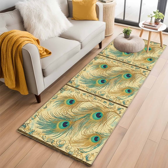 Peacock Feathers Runner Rug 2x6 FT,Non Slip Hallway Rugs,Brown Turquoise Vintage Abstract Washable Soft Floor Carpet Throw Runner Carpet Long Rugs for Entryway Kitchen Bedside Sliding Door