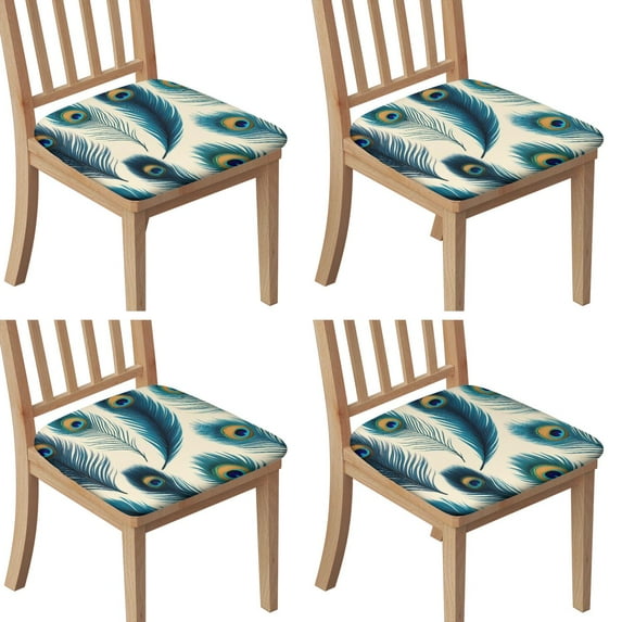 Peacock Feathers Seat Covers for Dining Room Chairs Set Of 4,Stretch Printed Washable Chair Seat Cover with Elastic Ties and Button,Removable Waterproof Couch Cushion Covers