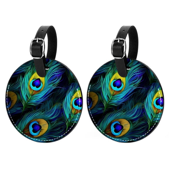Peacock Feathers Set of 2pcs PU Leather Round Suitcase Tags with Privacy Cover and Name ID Tag - Ideal for Travel Luggage, Handbags, Backpacks, School Bags
