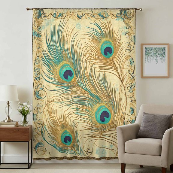 Peacock Feathers Sheer Curtains 54 Inches Long, Brown Turquoise Vintage Abstract Light Filering Curtains, Breathable Simi Curtain Privacy Drapes for Kitchen Bathroom Small Window Treatment
