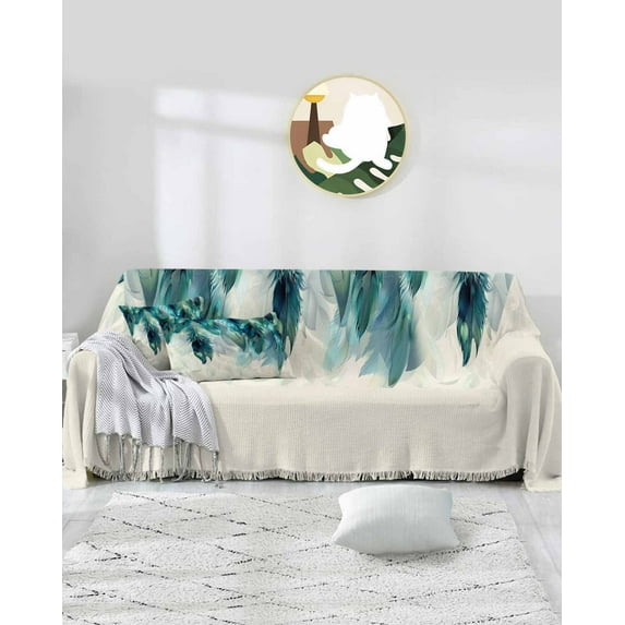 Peacock Feathers Sofa Couch Covers for 3 Cushion Couch,Washable L Shape Sectional Sofa Covers for Loverseat/Pet/Kid,Teal Turquoise Blue Ombre Animal Slipcover Throw Blanket Futon Cover 71''x134''
