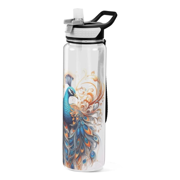 Peacock Feathers Sports Water Bottle Portable Travel Mug 32oz BPA Free Leak Proof Straw Transparent Tritan for Gym Yoga Cycling Camping