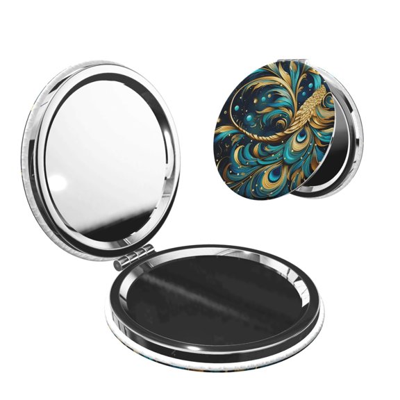 Peacock Feathers Starry Portable Double-Sided Face Mirror Round Shape, Magnifying Compact Pocket Mirror with PU Leather Cover
