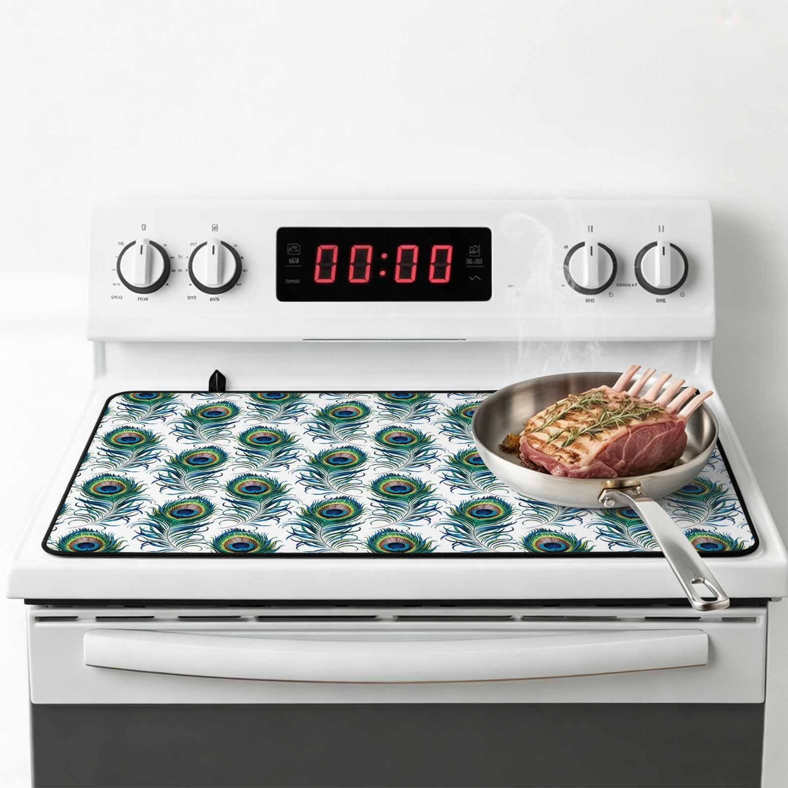 Peacock Feathers Stove Top Cover for Electric Stove, Heat-proof & Non Slip Glass Top Stove Cover Protector, Modern Watercolor Peacock Kitchen Flat Cooktop Rubber Mat 24x21 Inches