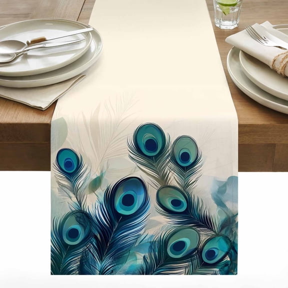 Peacock Feathers Table Runner 13x48 inch Retro Green Abstract Art Cotton Linen Dining Table Runner Ideal for Dresser Kitchen Coffee Tables - Machine Washable