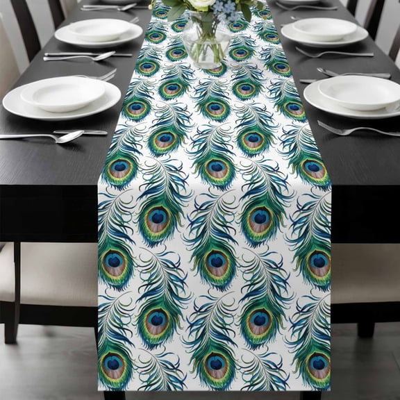 Peacock Feathers Table Runner 36 Inches Long, Modern Watercolor Peacock Kitchen Coffee Dining Table Decoration for Home Party Birthday Wedding Home Decor 13x36 Inches