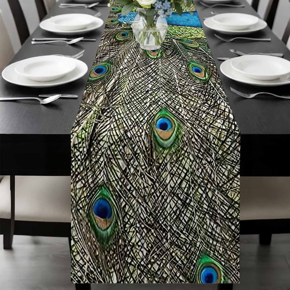 Peacock Feathers Table Runner 72 Inches Long, Contemporary Aesthetic Art Kitchen Coffee Dining Table Decoration for Home Party Birthday Wedding Home Decor 16x72 Inches