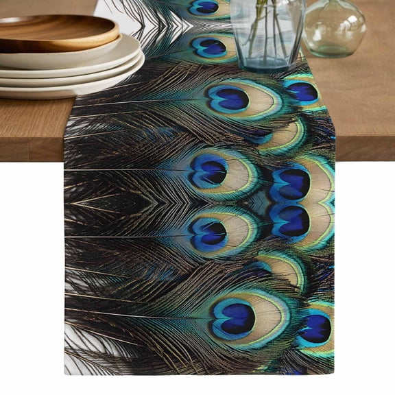 Peacock Feathers Table Runner, Beautiful Elegant Texture Watercolors Washable Cotton Linen Table Runners 36 Inches Long, Dresser Scarf Runner for Nightstand/End Tables/Round Tables 13''x36''