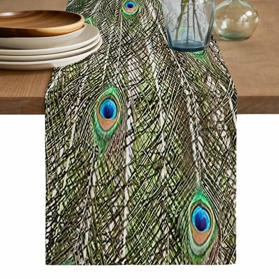 Peacock Feathers Table Runner, Contemporary Aesthetic Art Washable Cotton Linen Table Runners 36 Inches Long, Dresser Scarf Runner for Nightstand/End Tables/Round Tables 13''x36''