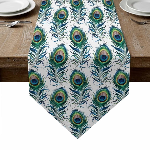Peacock Feathers Table Runner Linen Burlap Table Runner 120 Inches Long Modern Watercolor Peacock Dresser Scarves for Kitchen Island Coffee Dining Room Party Wedding Holiday Decoration 13"x120"