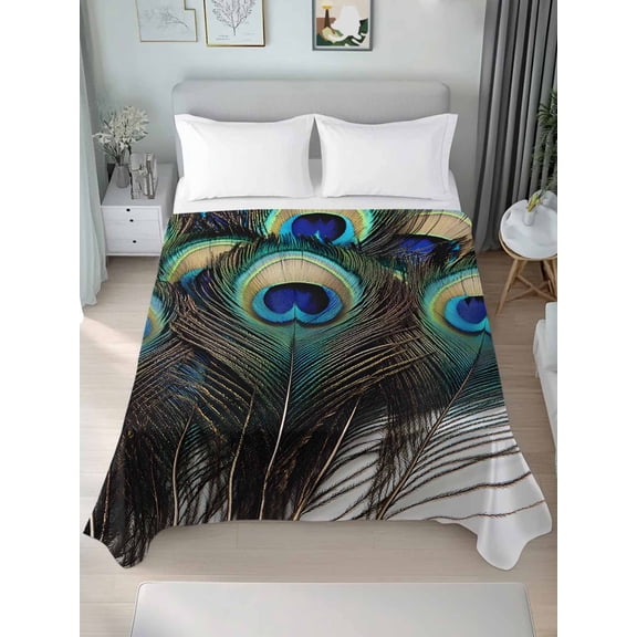 Peacock Feathers Twim Size Flat Sheet, Wrinkleproof & Fadeproof Cooling Flat Bed Sheet Only, Beautiful Elegant Texture Watercolors Breathable Soft Bedding Top Sheets 66 x 96 Inches
