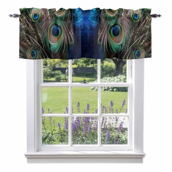 Peacock Feathers Valance Curtain for Windows Animal Gorgeous Rod Pocket Curtain Valances Short Window Treatments Panels for Kitchen Bathroom Laundry Room Basement 56 x 16 Inch