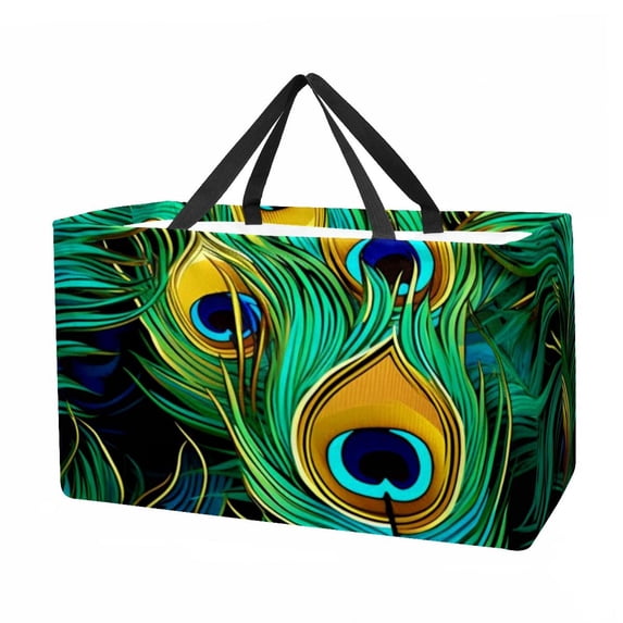 Peacock Feathers Versatile Oxford Cloth Reusable Storage Box - Foldable, Large Capacity Beach Bag, Shopping Bag, and Decorative Box