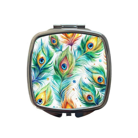 Peacock Feathers Watercolor Travel Makeup Handbag Purse Small Pocket Compact Mirror