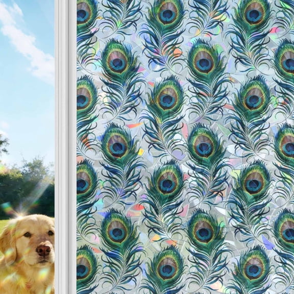 Peacock Feathers Window Privacy Film Stain Glass, Reusable Decorative Rainbow Window Film, Modern Watercolor Peacock Non-Adhesive Static Cling Sun Blocking Stickers Decals Covers 17.7" x 39.3" (2pcs)