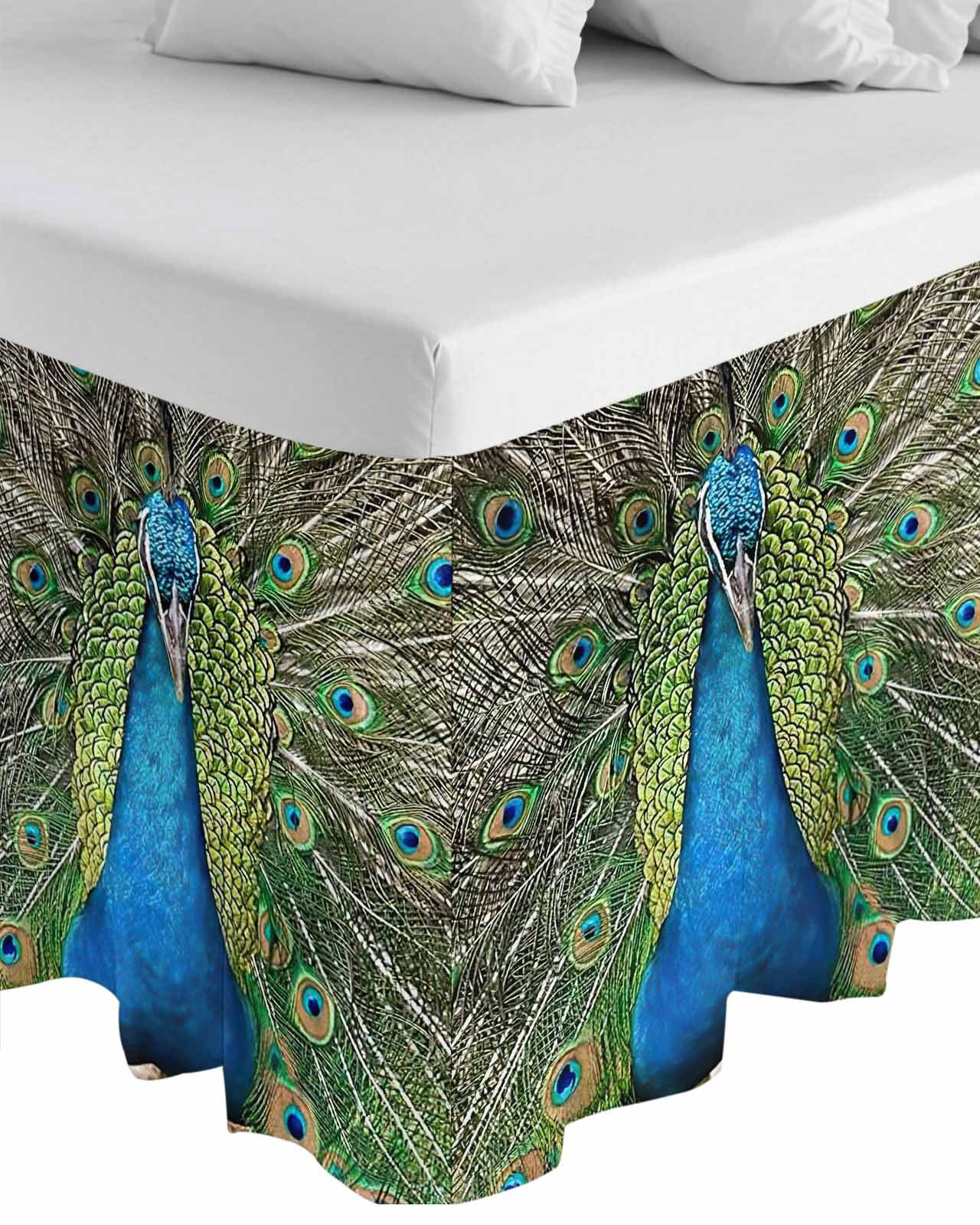 Peacock Feathers Wrap Around Bed Skirts for Queen Bed 16" Drop, Bed Skirt with Adjustable Elastic Belt Dust Ruffle Bed Valance for Bedroom Hotel Luxury Contemporary Aesthetic Art Bed Frame Cover