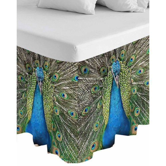 Peacock Feathers Wrap Around Bed Skirts for Queen Bed 16" Drop, Bed Skirt with Adjustable Elastic Belt Dust Ruffle Bed Valance for Bedroom Hotel Luxury Contemporary Aesthetic Art Bed Frame Cover