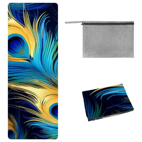 Peacock Feathers Yoga Mat Towel, Storage Bag, 72.8"x26.8" - Suitable for Yoga, Pilates, Fitness, Gym - Yoga Blankets and Gym Towel Included