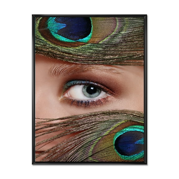 Peacock Feathers and Eye 12 in x 20 in Framed Photography Canvas Art Print, by Designart