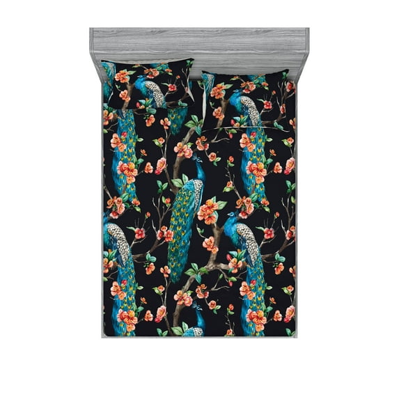 Peacock Fitted Sheet & Pillow Sham Set, Birds and Nature Themed Artwork with Blooming Floral Leaves Greenery, Decorative Printed 3 Piece Bedding Decor, King, Vermilion Sea Blue Teal, by Ambesonne