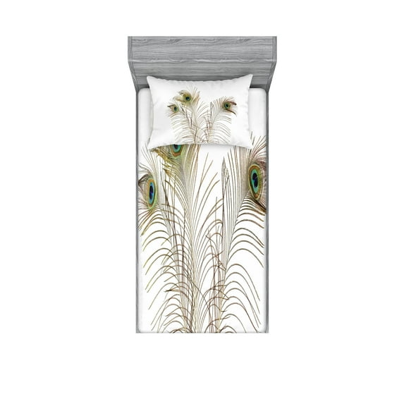 Peacock Fitted Sheet & Pillow Sham Set, Peacock Feathers Closeup Simple Picture Minimalistic Design Print, Decorative Printed 4 Piece Bedding Decor Set, Twin, Turquoise Brown, by Ambesonne