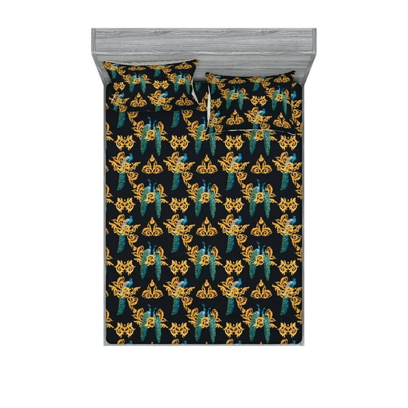 Peacock Fitted Sheet & Pillow Sham Set, Repeating Exotic Bird and Curlicue Branches Pattern Boho Eastern Vibes, Decorative Printed 3 Piece Bedding Decor, Calking, Dark Teal and Marigold, by Ambesonne