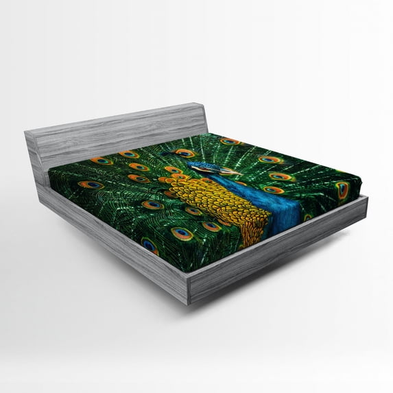 Peacock Fitted Sheet, Portrait of the Peacock Courtship Display Eye Spotted Tail Tropics Natural, Soft Decorative Fabric Bedding, Full Size, Orange Blue Green, by Ambesonne