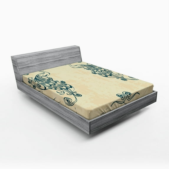 Ambesonne Beige Teal Fitted Sheet, Vintage Peacock Bird, Full Size, Beige Teal