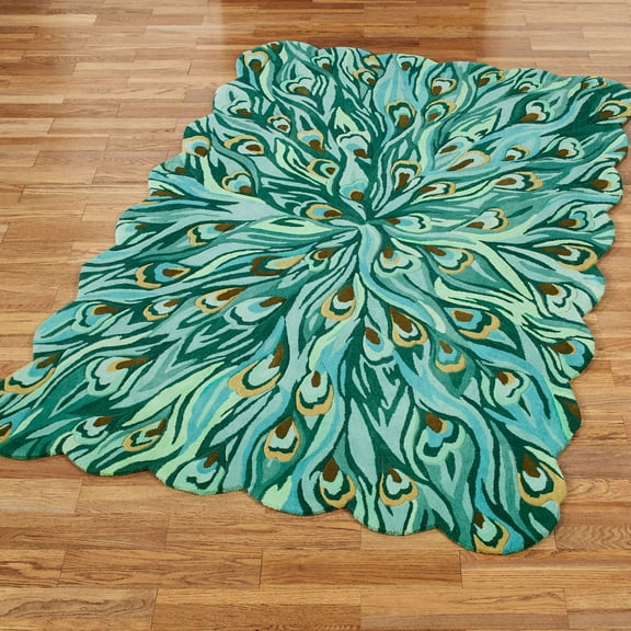Peacock Flair Rectangle Rug Aqua, Hand-tufted and Hand-carved, one-half inch thick polyester rug 42 by 66 Inches Rectangle