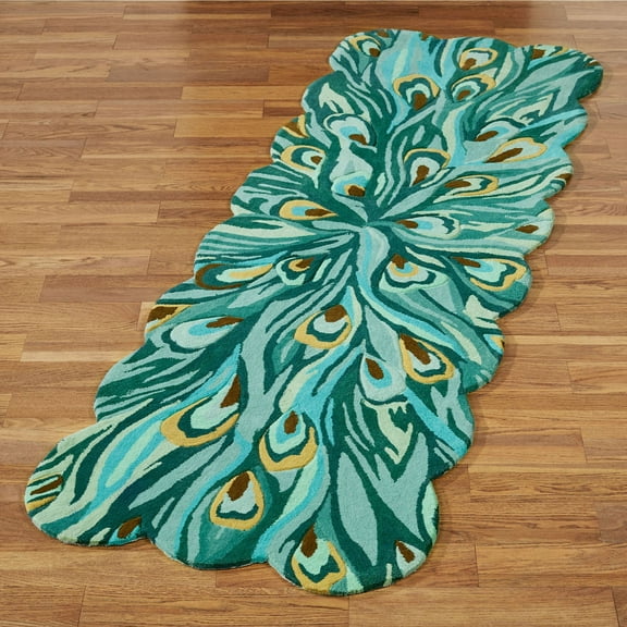 Peacock Flair Rug Runner Aqua, Hand-tufted and Hand-carved, one-half inch thick polyester rug 30 by 96 Inches Runner