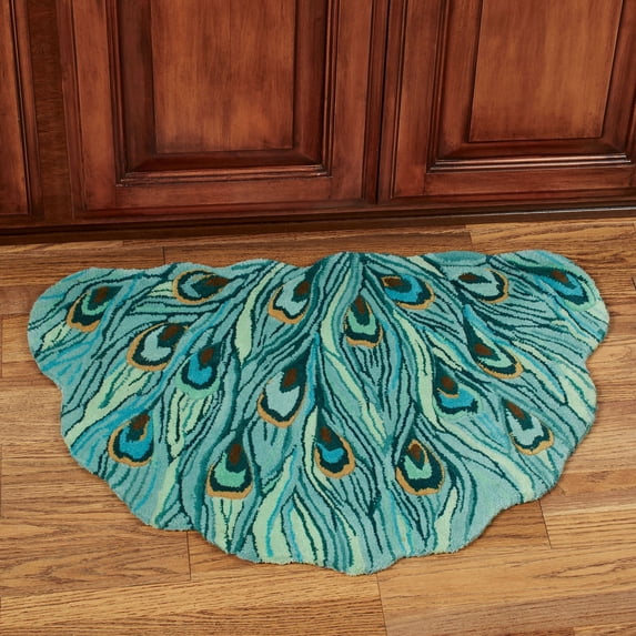Peacock Flair Slice Rug Aqua, Hand-tufted and Hand-carved, one-half ...