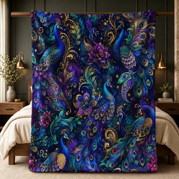 Peacock Flannel Throw Blanket, Navy Blue Jewel-Tone Bird and Floral Pattern with Teal, Purple and Gold-Colored Accents, 50 x 60 Inches