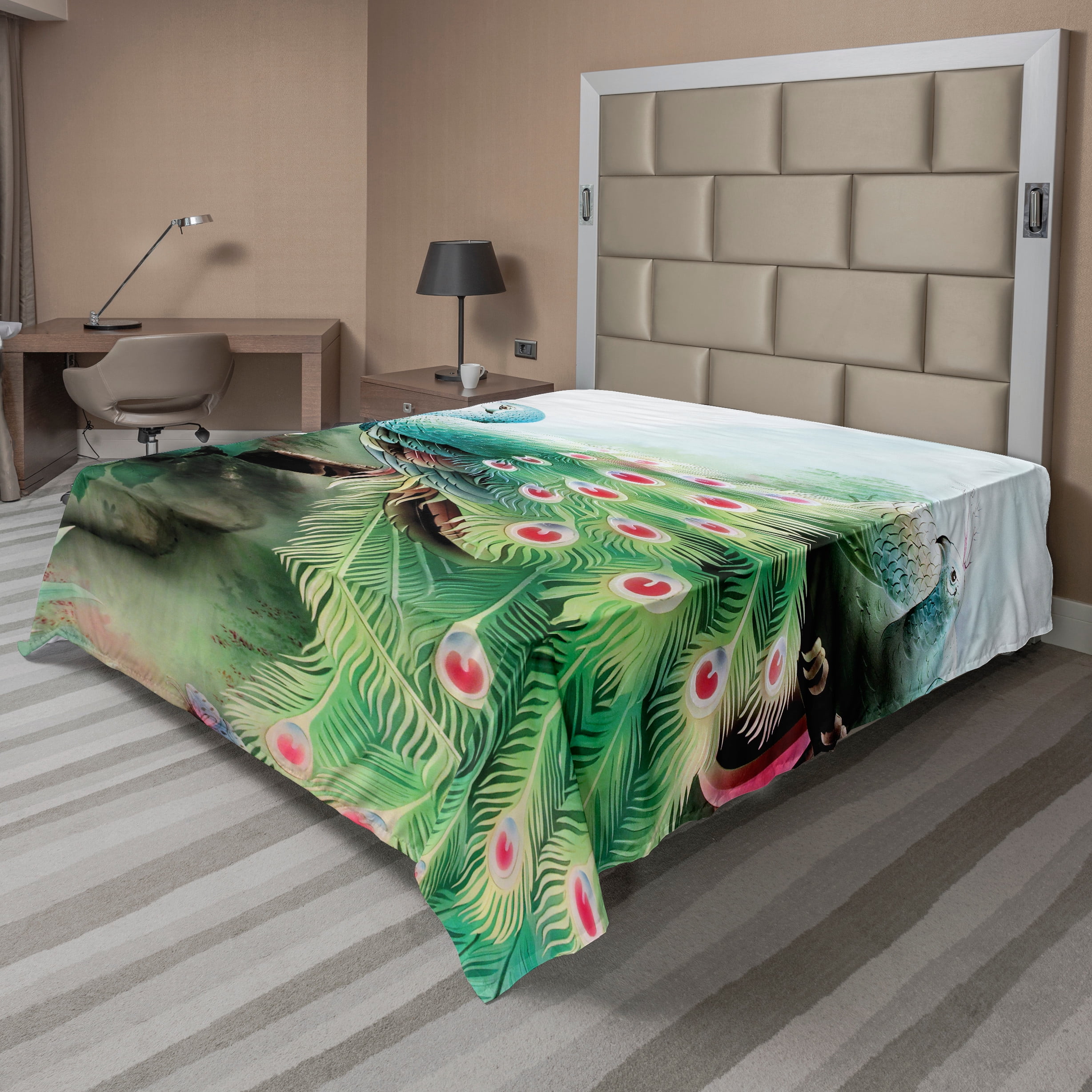 Peacock Flat Sheet, Summer Flower Fantasy Garden in Vibrant Colors